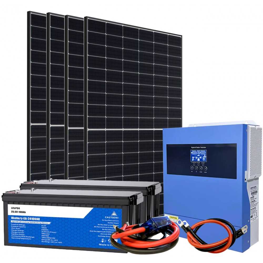 24V 2000W Photovoltaic Kit with 4kW 230V Inverter and 5.12kWh LiFePo4 Batteries Off Grid Isolated House Cabin