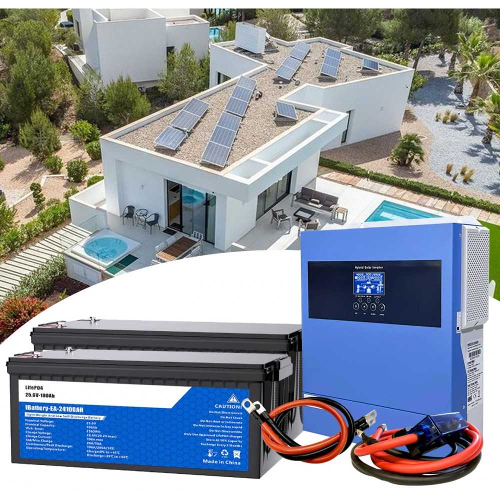 24V 2000W Photovoltaic Kit with 4kW 230V Inverter and 5.12kWh LiFePo4 Batteries Off Grid Isolated House Cabin