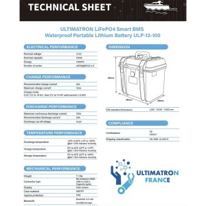Ultimatron LiFePO4 ULP-12-100 12.8V 100Ah Waterproof BMS Portable Lithium Battery ULULP12100