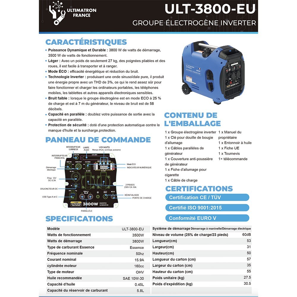 Ultimatron ULT-3800-EU 3.8kW 4-Stroke Gasoline portable Generator ULULT3800EU
