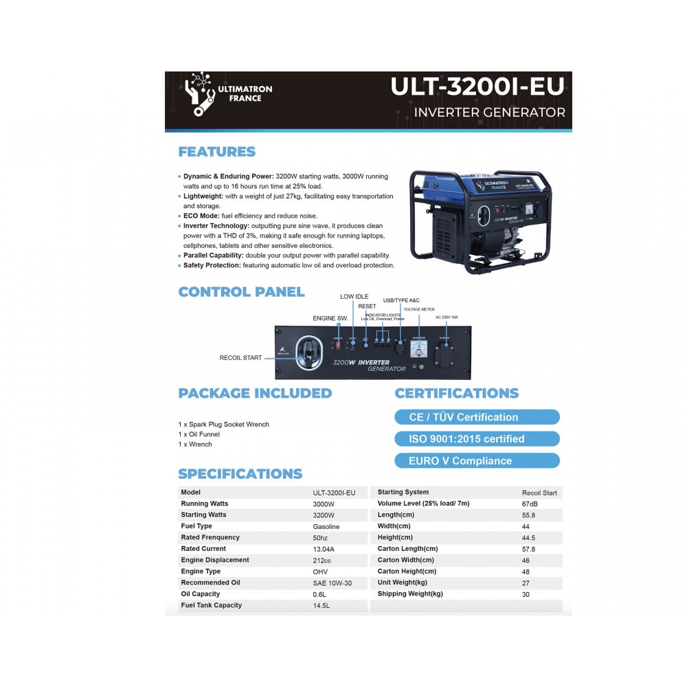 Ultimatron ULT-3200I-EU 3.2kW 4-Stroke Gasoline Open Frame Generator ULULT3200IEU