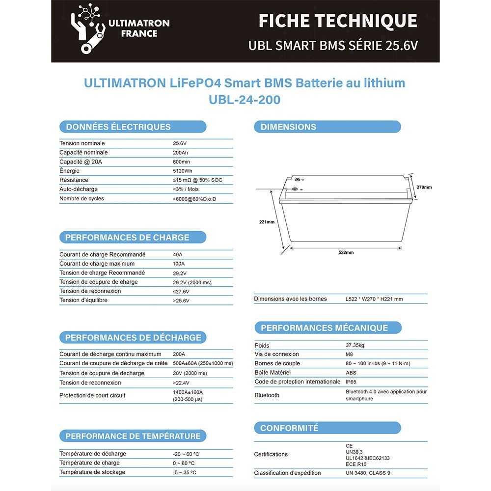 Ultimatron LiFePO4 24V 200Ah UBL-24-200 Batteria al Litio BMS Smart Bluetooth 5.12kWh