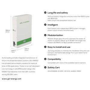 GSL Energy GSL-051200A-B-GBP2 LiFePo4 battery 10.24kWh 51.2V with BMS cert.CEI-021 solar OffGrid LV + On Grid