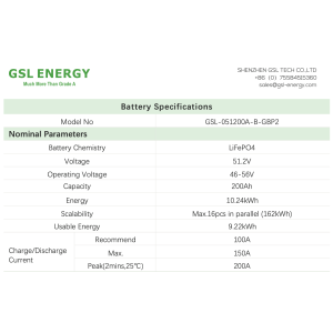 GSL Energy GSL-051200A-B-GBP2 Batteria LiFePo4 10.24kWh 51,2V con BMS cert.CEI-021 solare OffGrid LV + On Grid