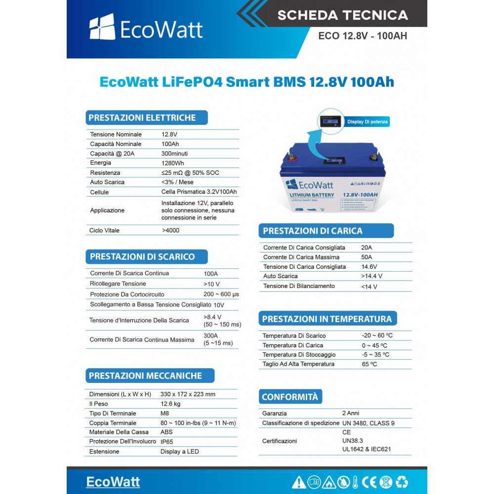 Batterie EcoWatt LiFePO4 12,8V 100Ah 1280Wh mit integriertem BMS