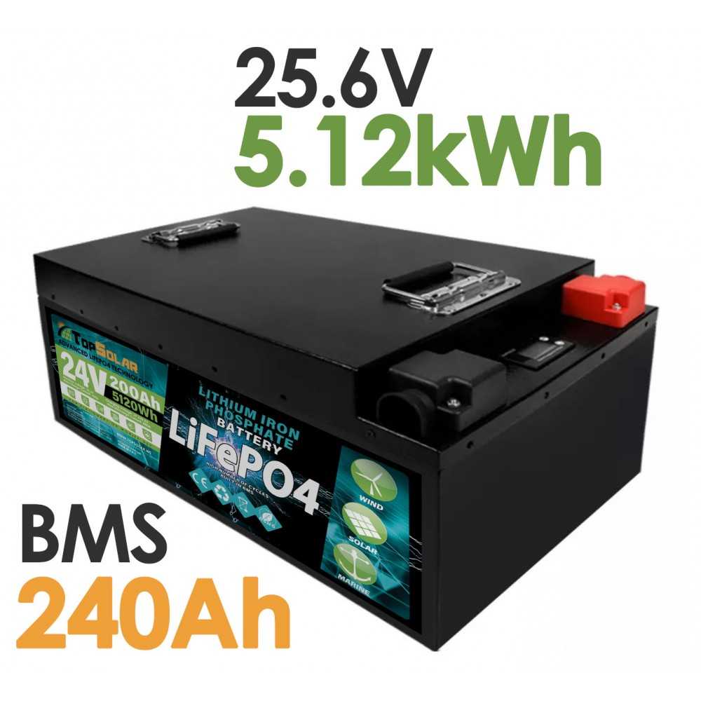 TopSolar LiFePO4 25.6V 200Ah Batteria al Litio 5,12kWh BMS 240AH Smart integrato