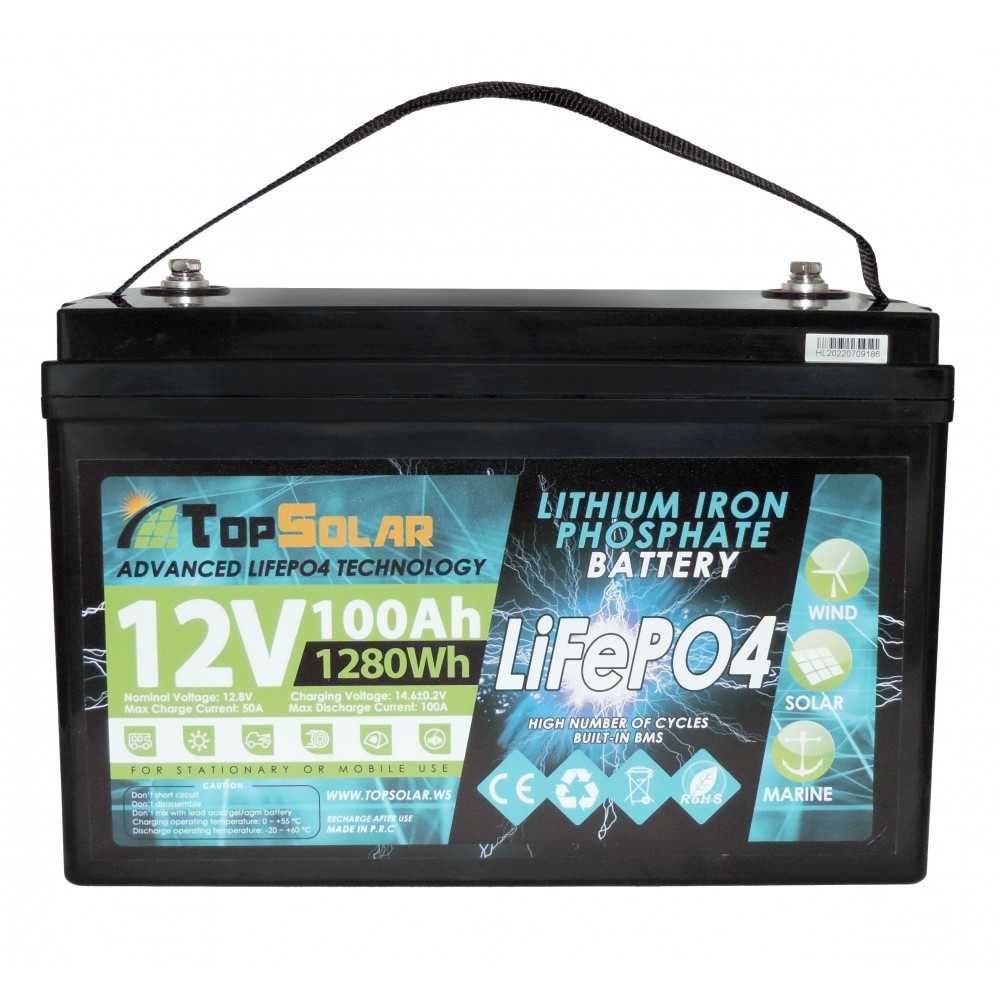 Batteria al Litio LiFePO4 12v 100Ah TopSolar ITALIA 12,8V 1280Wh BMS Smart  integrato (60Giorni)