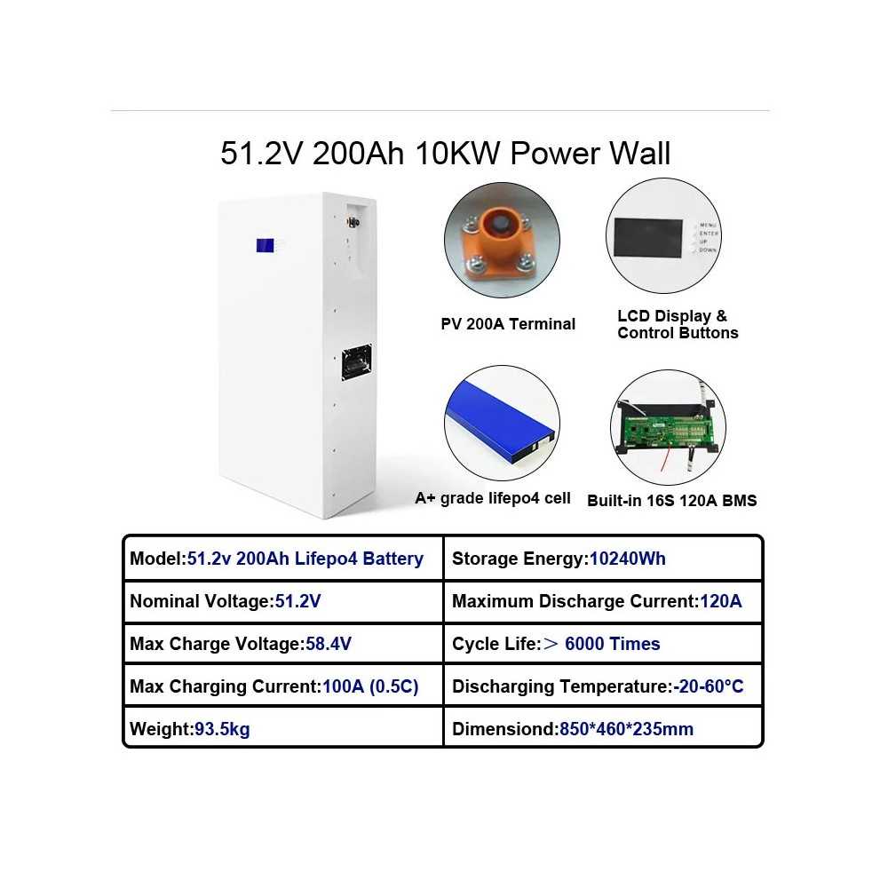 Batteria LiFePo4 51,2V 200Ah 10,24 KWh per inverter fotovoltaico, BMS  integrato, montaggio a parete - V-TAC VT-12040 11447