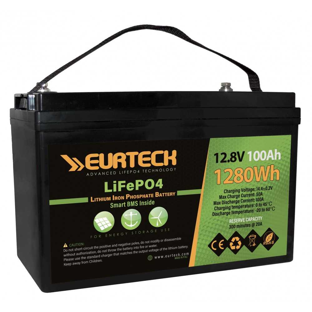 Eurteck LiFePO4 12.8V 100Ah Lithium Battery Built-in Smart BMS