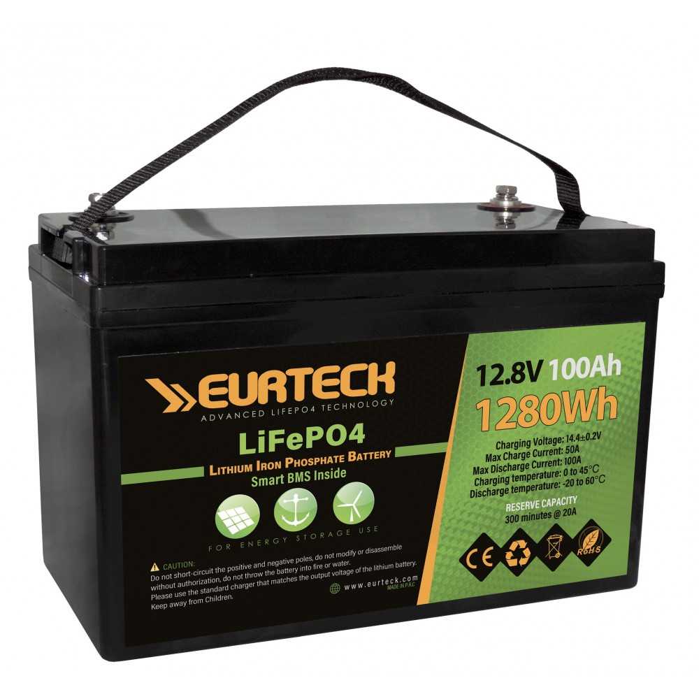 Eurteck LiFePO4 12.8V 100Ah Lithium Battery Built-in Smart BMS