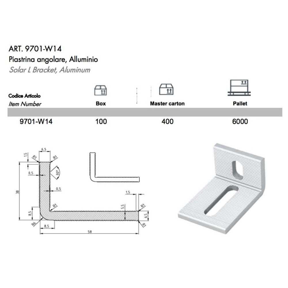 Aluminum Angular support plate 58x38x40mm
