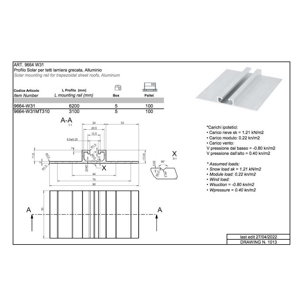Profilo Solar in Alluminio 3100mm per tetti lamiera grecata