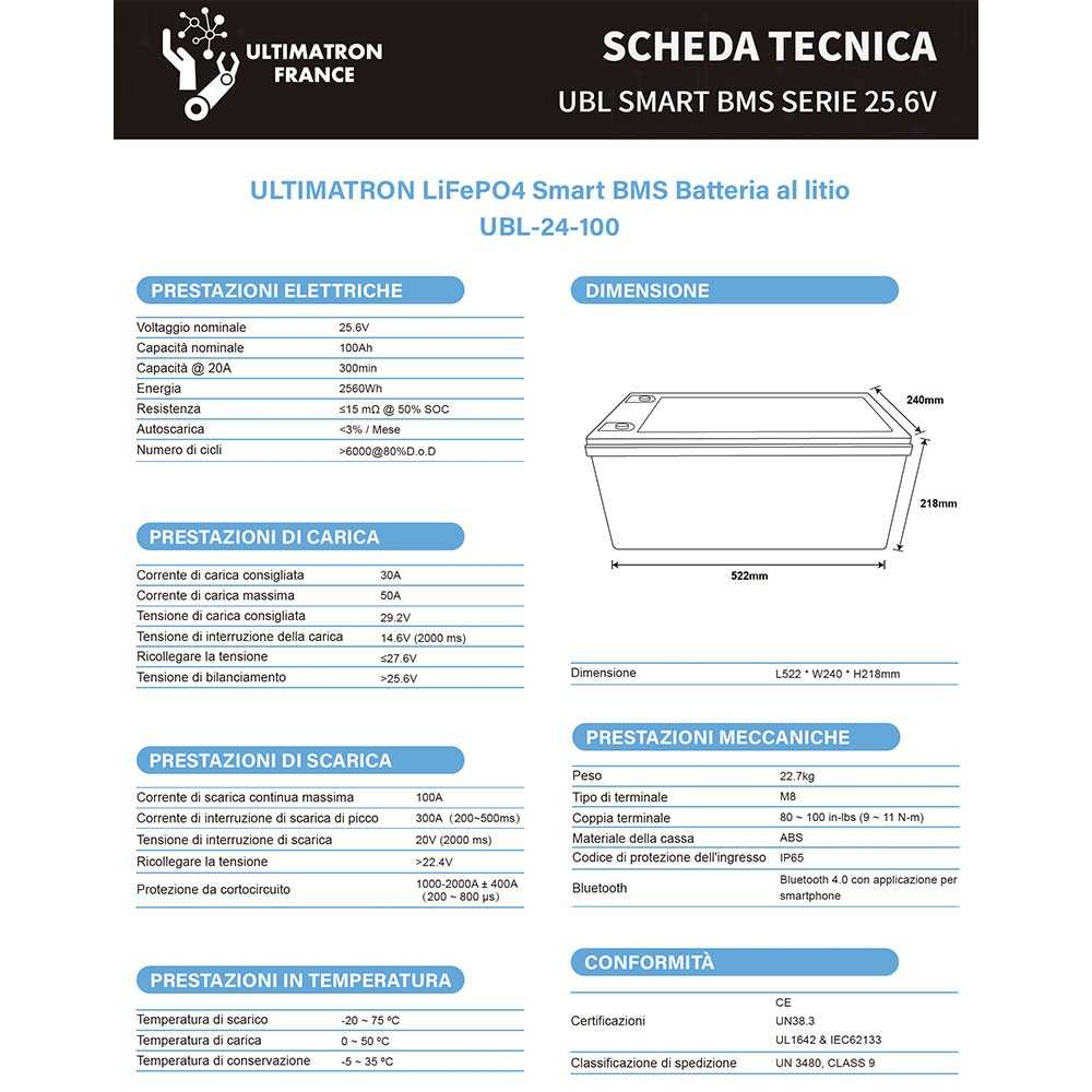 Ultimatron LiFePO4 24V 100Ah UBL-24-100-PRO Batteria al Litio BMS Smart Bluetooth 2560Wh