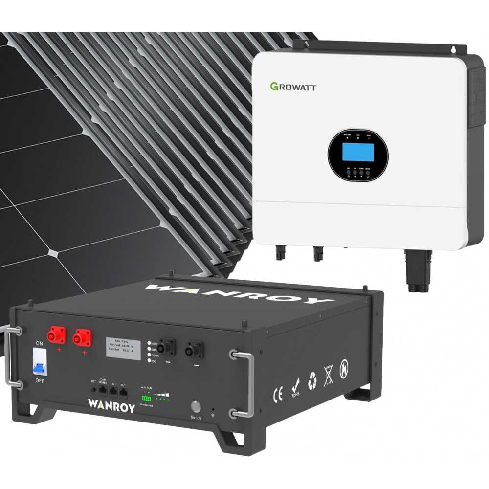 Kit fotovoltaico 6kW 6880W Monofase Off-Grid con accumulo 5kW Growatt Wanroy RACK Per baita o casa isolata