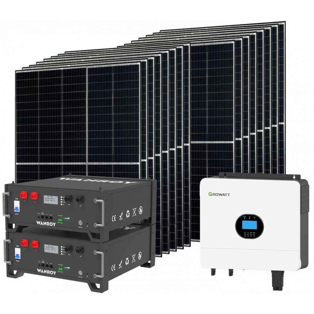 Kit fotovoltaico 6kW 6560W Monofase OFF Grid con accumulo 10kW Growatt Wanroy RACK Per baita o casa isolata