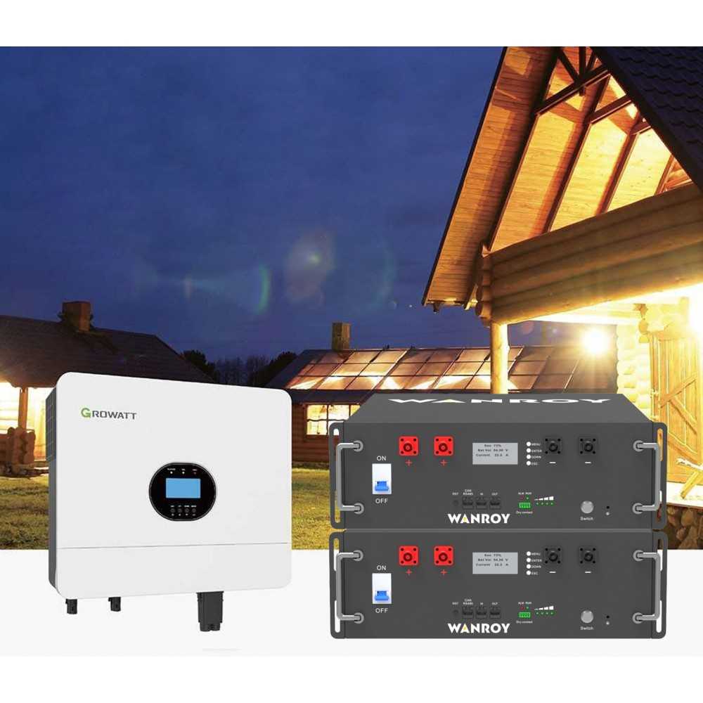 Kit fotovoltaico 6kW 6560W Monofase OFF Grid con accumulo 10kW Growatt Wanroy RACK Per baita o casa isolata