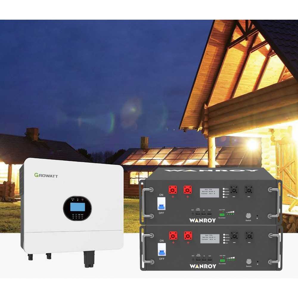 Kit fotovoltaico 6kW 6880W Monofase Off-Grid con accumulo 10kW Growatt Wanroy RACK Per baita o casa isolata