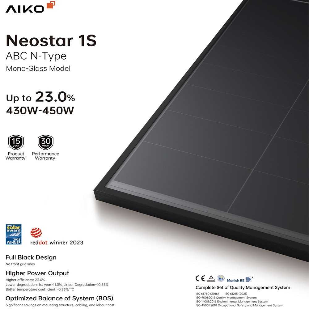 AIKO NEOSTAR 1S 440W Full Black ABC N-Type Mono-Glass Pannello Solare min 8pz