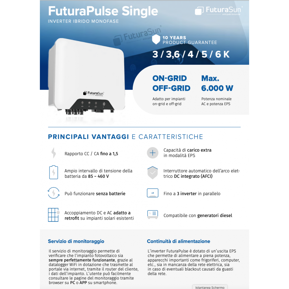 FuturaSun Kit On-Off Grid Monofase 6.44 kW con Inverter 6kW + Batteria 10.65kWh