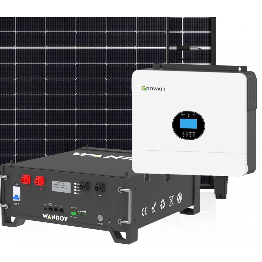 6kW 7200W Single Phase Off Grid Photovoltaic Kit with 5kW Growatt Wanroy Rack Storage for Cabin or Detached House