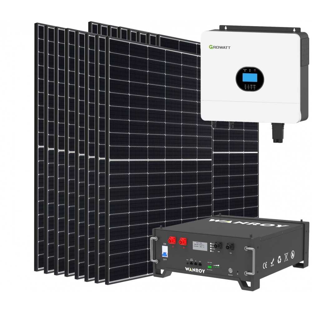 6kW 7200W Single Phase Off Grid Photovoltaic Kit with 5kW Growatt Wanroy Rack Storage for Cabin or Detached House