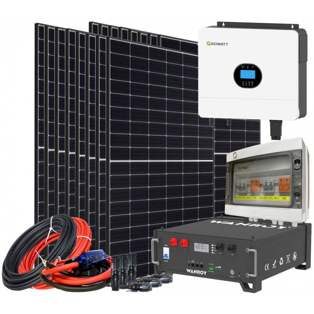 6kW 7200W PLUS Single-Phase Off Grid Photovoltaic Kit with 5kW Growatt Wanroy RACK Storage for Cabin or Isolated House