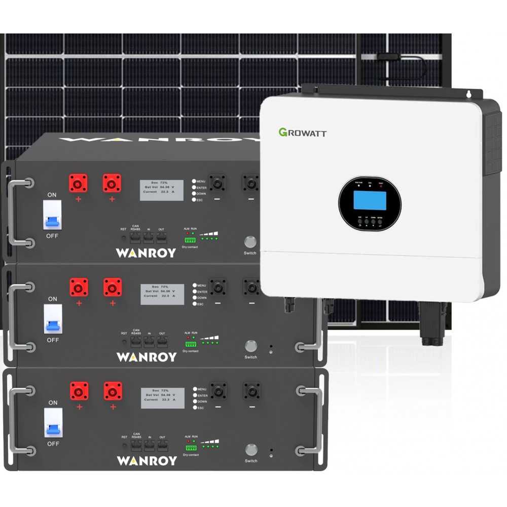 Kit fotovoltaico 6kW 8100W Monofase OFF Grid con accumulo 15kW Growatt Wanroy RACK Per baita o casa isolata