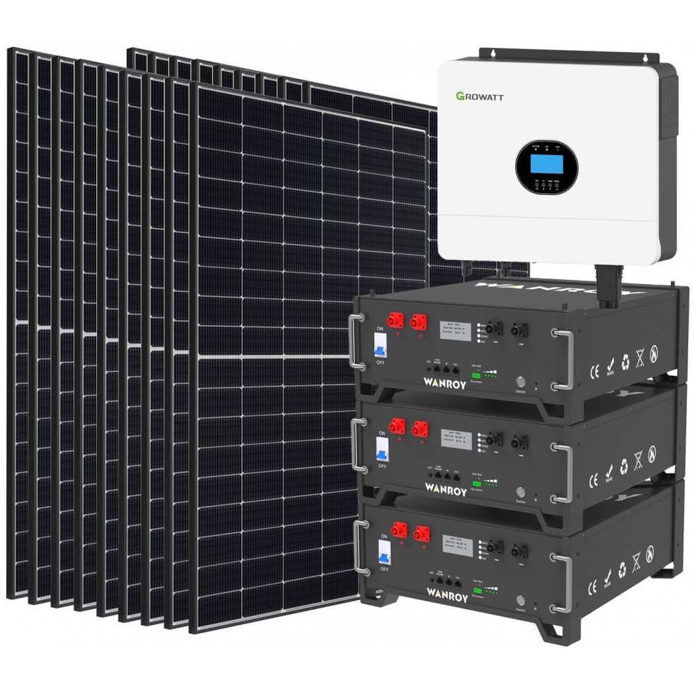Kit fotovoltaico 6kW 8100W Monofase OFF Grid con accumulo 15kW Growatt Wanroy RACK Per baita o casa isolata