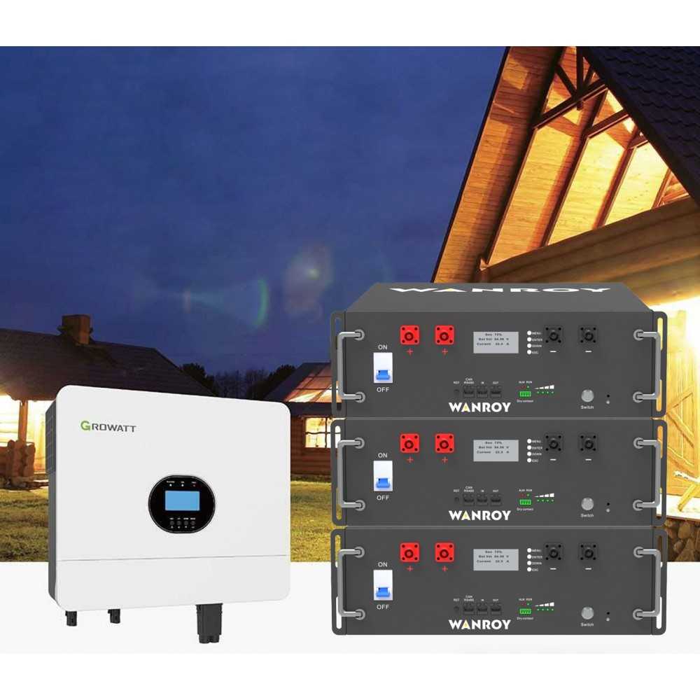 Kit fotovoltaico 6kW 8100W Monofase OFF Grid con accumulo 15kW Growatt Wanroy RACK Per baita o casa isolata