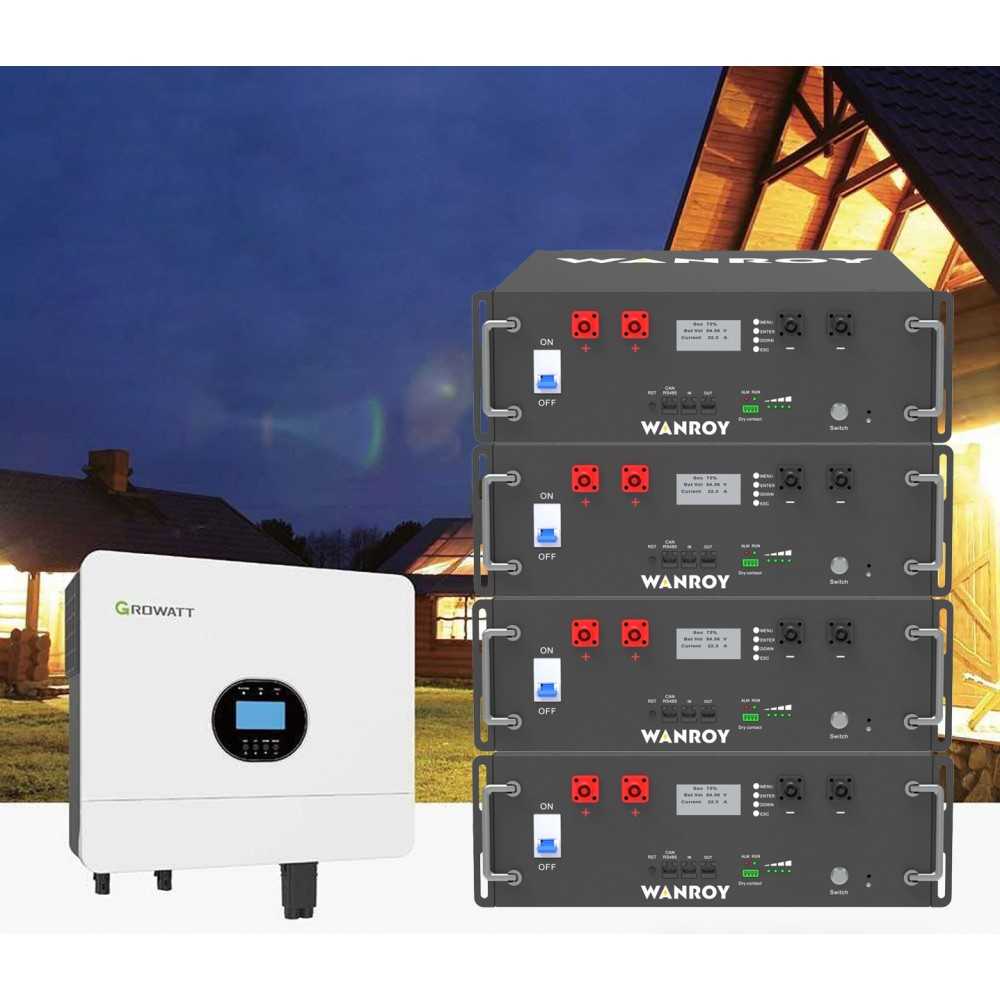 Kit fotovoltaico 6kW 8100W Monofase OFF Grid con accumulo 20kW Growatt Wanroy RACK Per baita o casa isolata