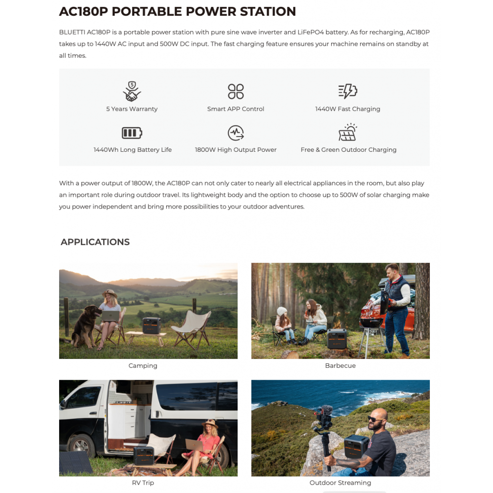 Bluetti AC180P Premium Portable Power Station 1440Wh 1800W