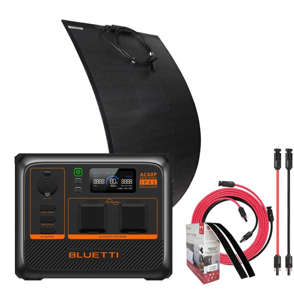Bluetti AC60P + Pannello Flex 100W + Kit Connessione 5mt Power Station Premium Portatile 504Wh 600W