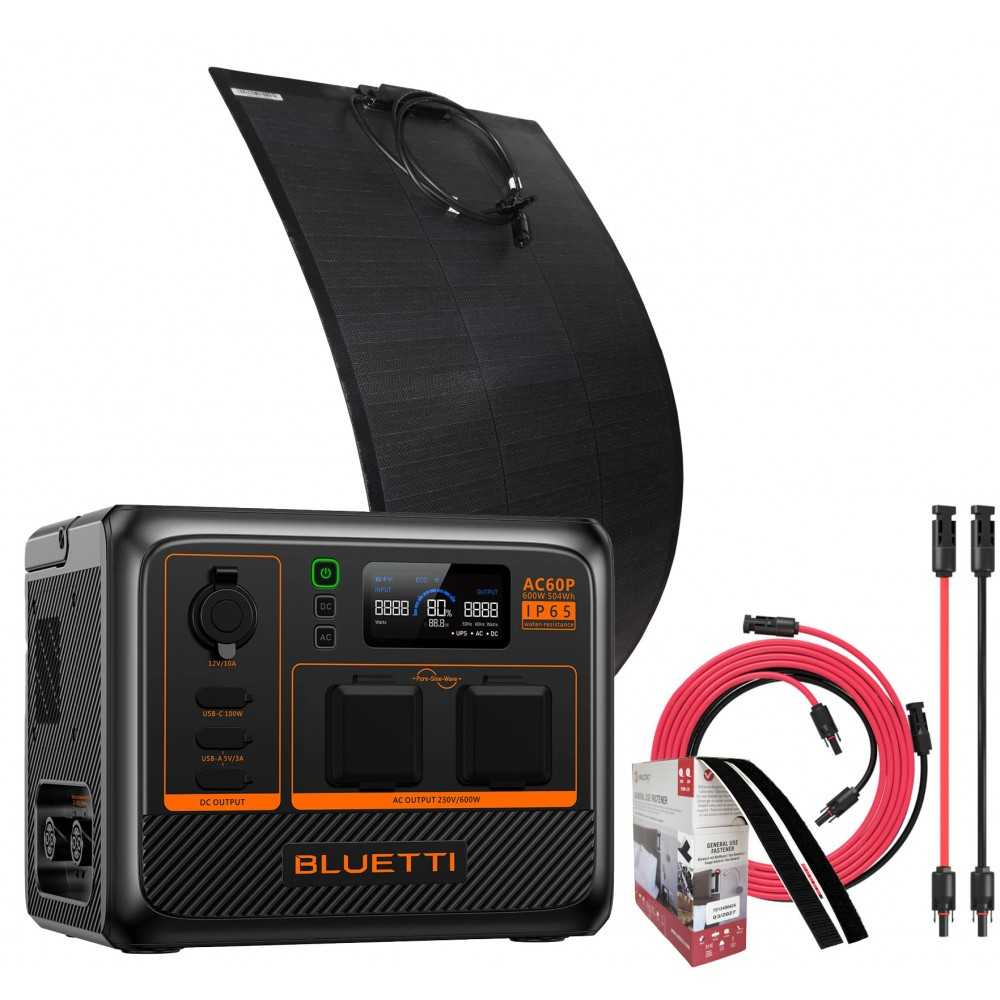 Bluetti AC60P + 100W Flex Panel + 5mt Connection Kit Portable Premium Power Station 504Wh 600W