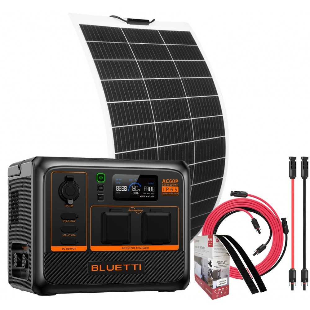 Bluetti AC60P + Pannello Flex 150W + Kit Connessione 5mt Power Station Premium Portatile 504Wh 600W