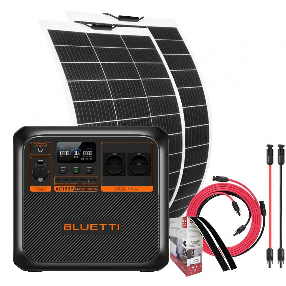 Bluetti AC180P + 2 Flex Panels 150W + Connection Kit 5mt Portable Premium Power Station 1440Wh 1800W