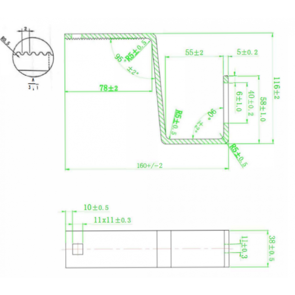 Adjustable bracket for A2 stainless steel tile, length 160 mm, height 116 mm