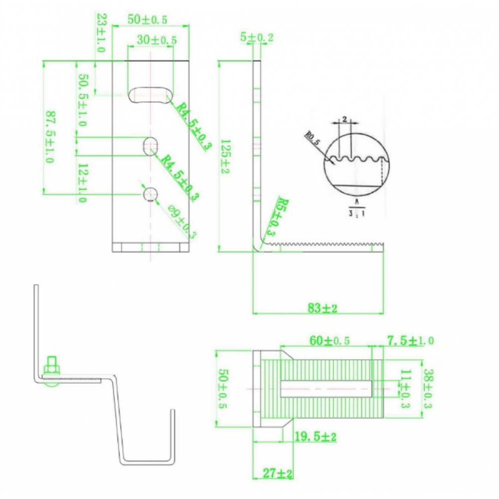 Adjustable bracket for A2 stainless steel tile, length 160 mm, height 116 mm