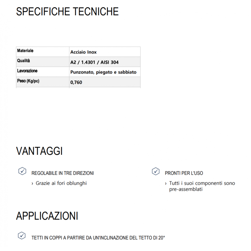 Staffa regolabile per coppo Inox A2 l160 h116 mm