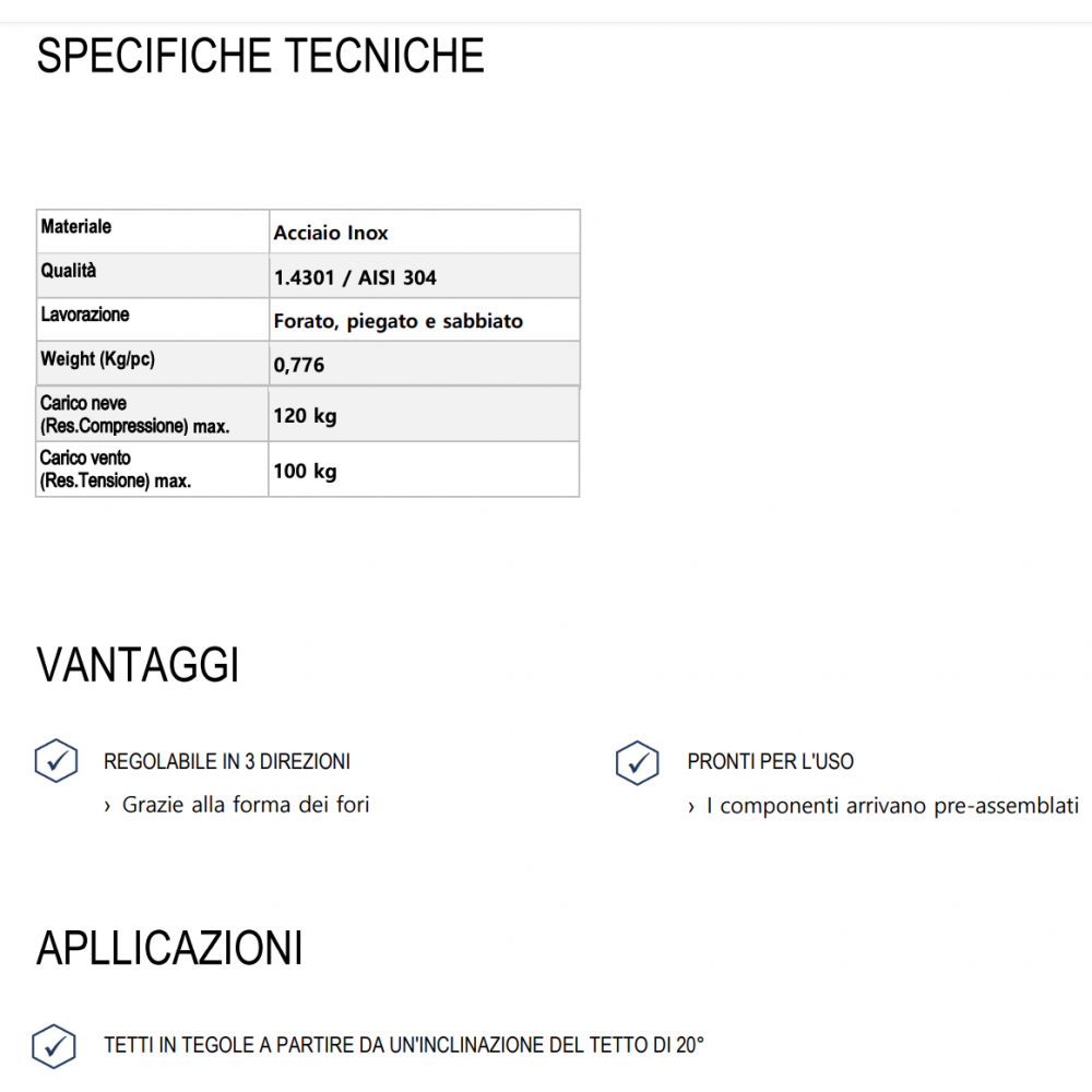 Staffa Solare regolabile Inox A2 per tetti 140x56x3mm 20+