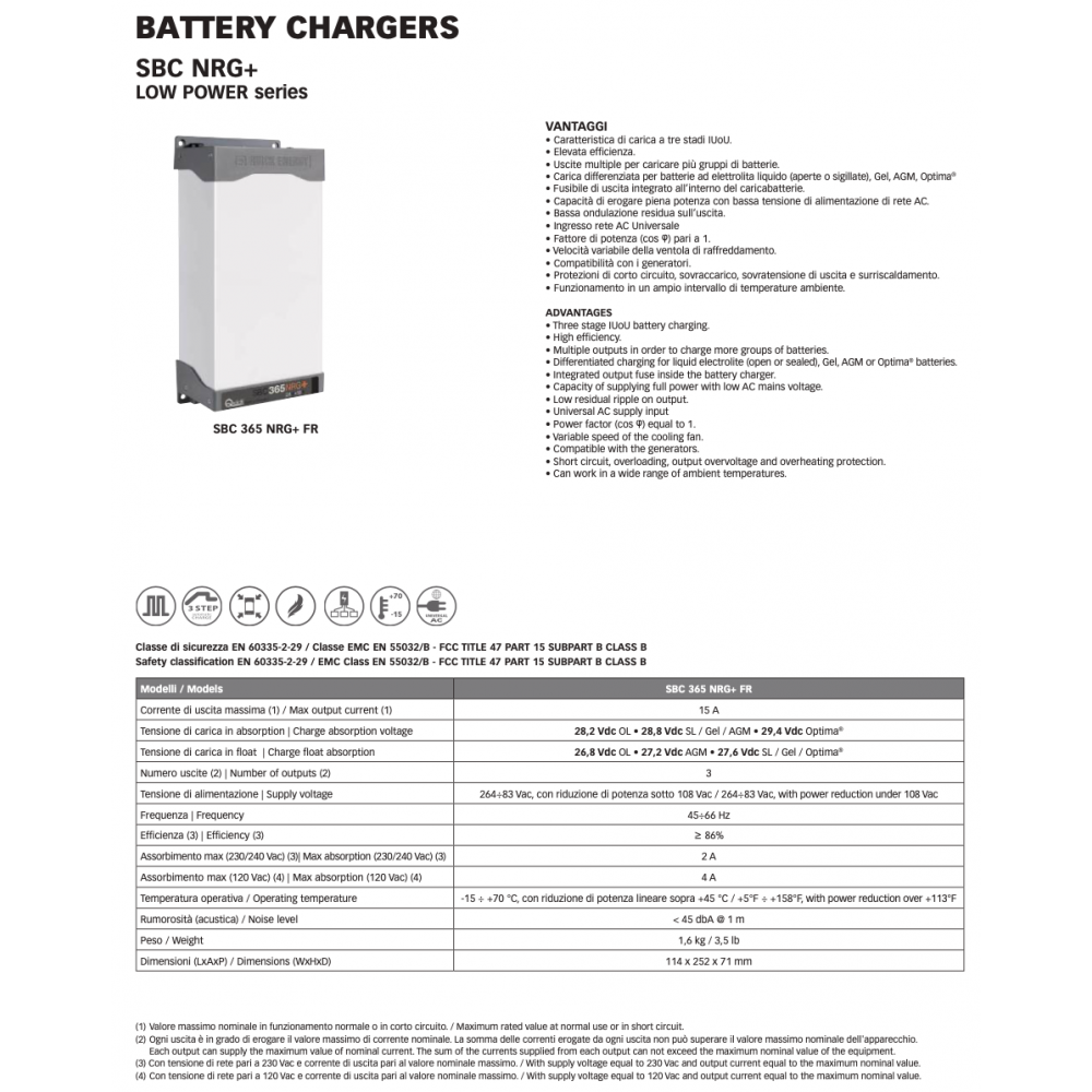 Quick Battery Charger SBC NRG+ Low 365FR 15A 24V 3 outputs 114x252x71mm