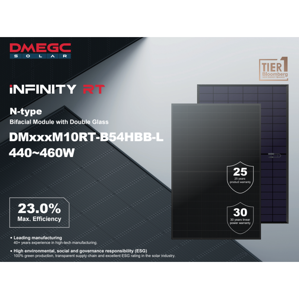 DM455M10RT-B54HBB-L | Bifacial | N-Type | 108 cells | MC4-EVO2A | Black frame | 228Wp/m² | 1762x1134x30 | 20.4 kg