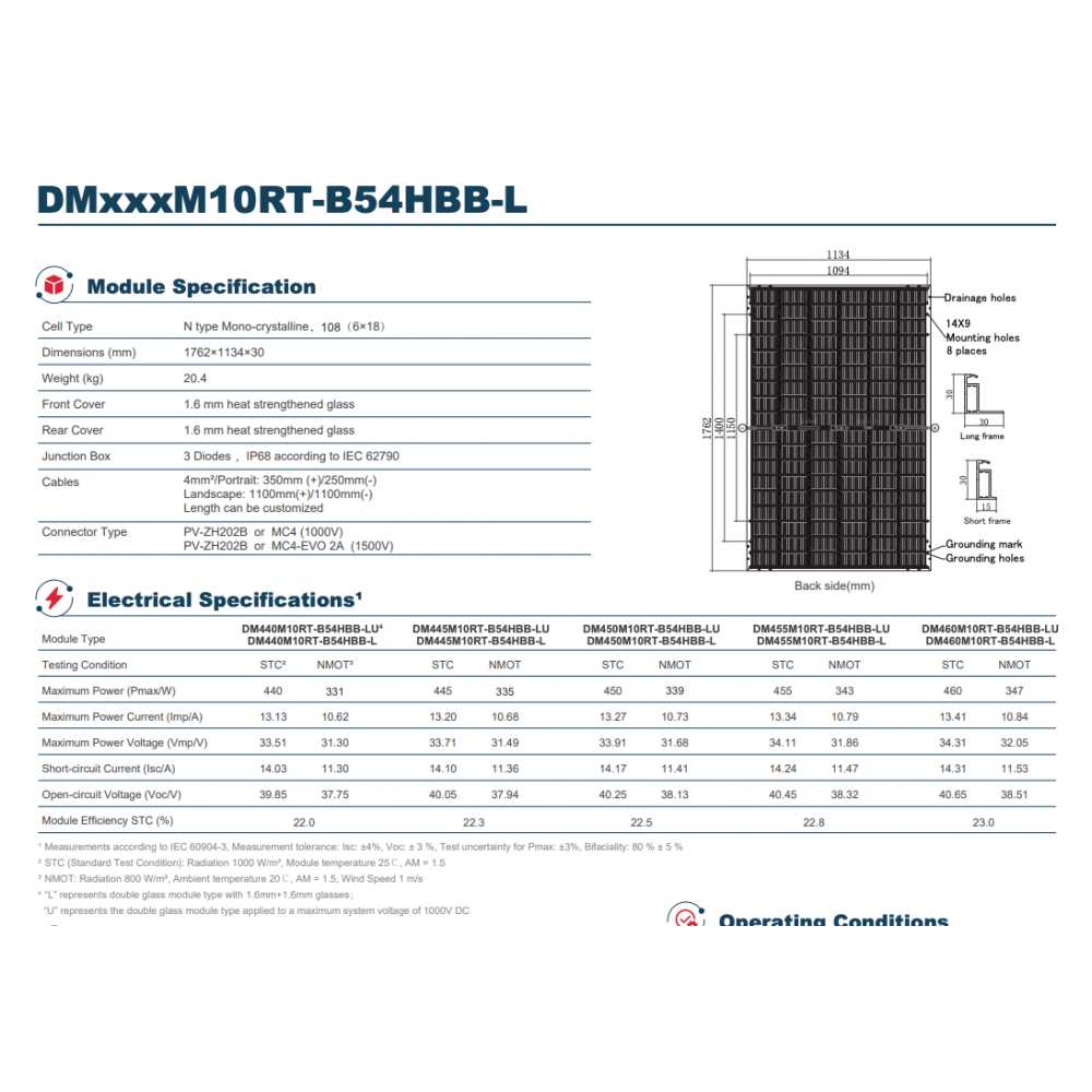 DM455M10RT-B54HBB-L | Bifacial | N-Type | 108 cells | MC4-EVO2A | Black frame | 228Wp/m² | 1762x1134x30 | 20.4 kg