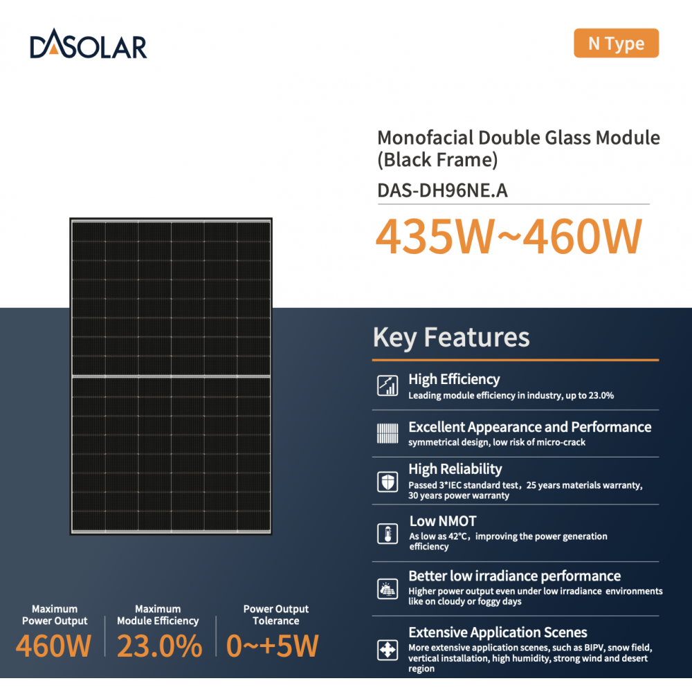 DAS SOLAR DAS-DH96NE.A 450W BW Double glass Topcon single-sided photovoltaic module with silver frame