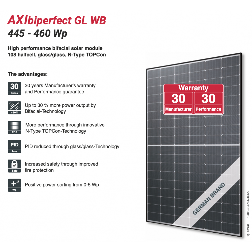 AxiTec AXIbiperfect GL WB AC-450TGBL/108WB Topcon Double-Sided Photovoltaic Module with Black Frame