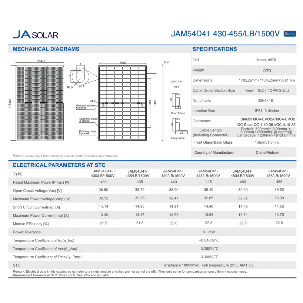 JA SOLAR 450W Full Black JAM54D41-450 N-Type Glass-Glass Solar Panel min 12pz