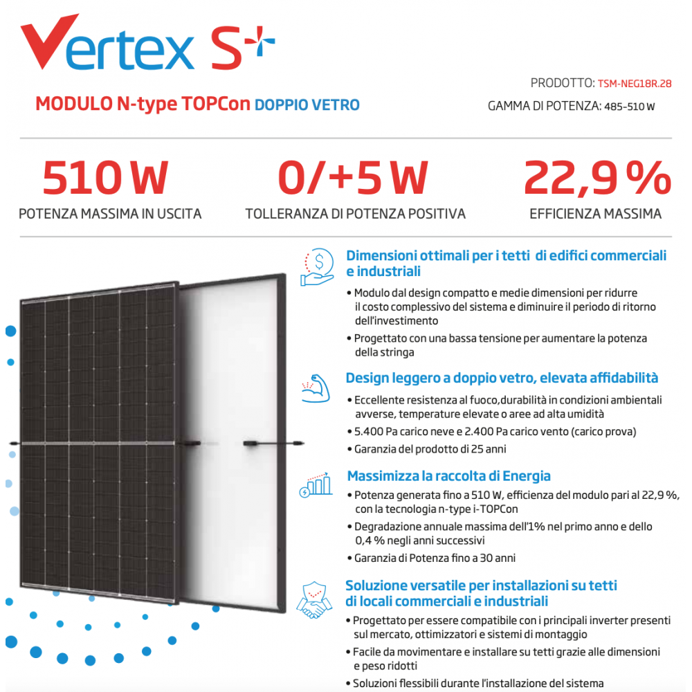 Trina Solar TSM-NEG18R.28 510W Vertex S+ Modulo topcon monofacciale cornice nera TSM-510 NEG18R.28