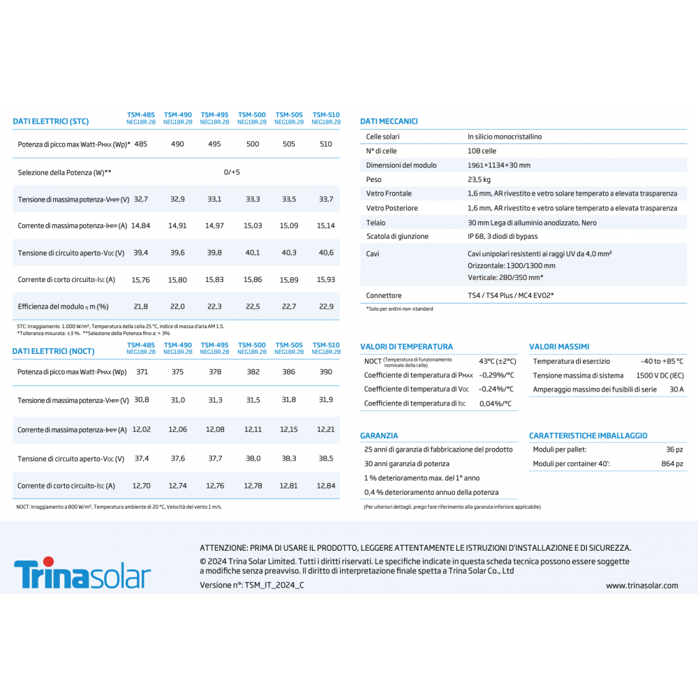 Trina Solar TSM-NEG18R.28 510W Vertex S+ Single-Sided Topcon Module Black Frame TSM-510 NEG18R.28