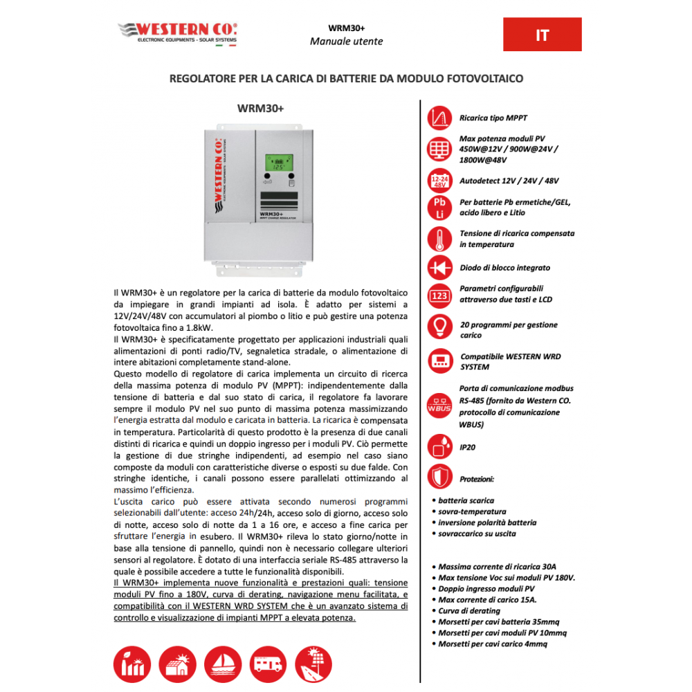Western WRM30+ 12/24V/48V 30A MPPT Charge Controller with RS485 port