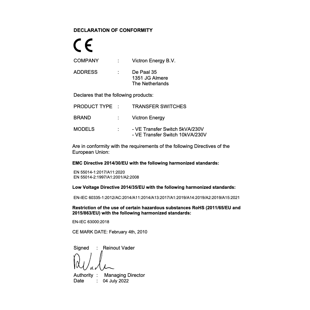 Automatic Transfer Switch Victron Energy 10kVA/230V monofase Mpn: COS230103100
