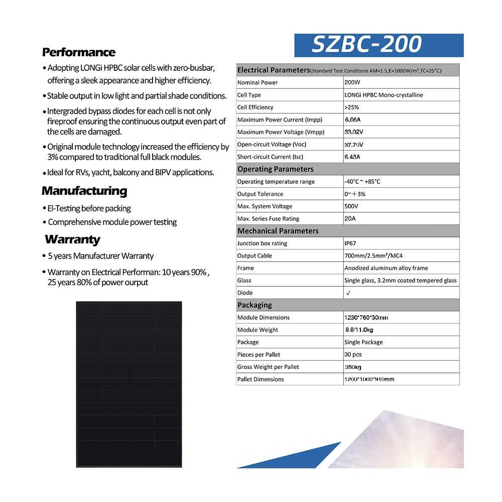 SZBC-200 Pannello fotovoltaico 200W 12V Back Contact per veicoli e Off-Grid